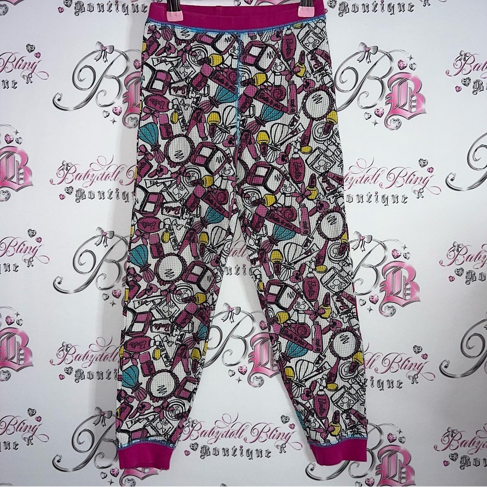Barbie jogger waffle knit pants makeup printed design pink blue yellow black